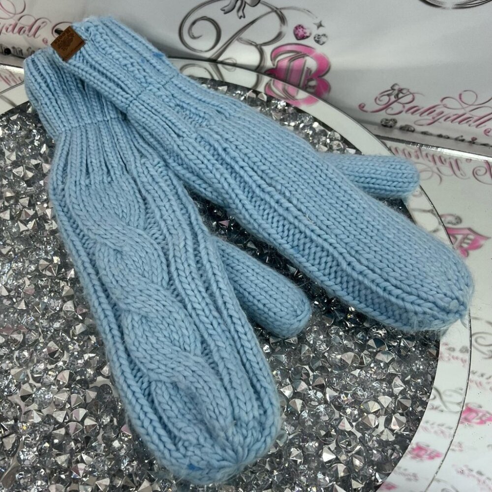 Roots mitts gloves knitted knit crochet warm cozy Light Blue Knit Mittens